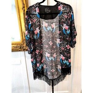 Disney The Little Mermaid Ariel Watercolor Woman’s Kimono Coverup Fringe Size XS